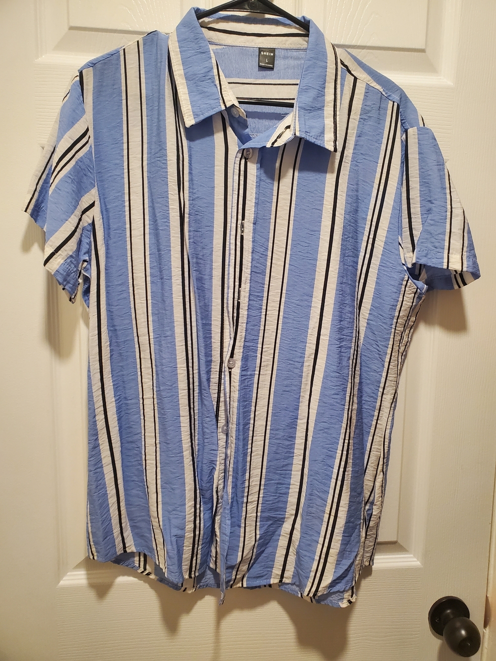 SHEIN Blue, White & Black Vertical Stripe Short-Sleeve Button-Up Shirt